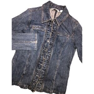 RXB‎ Denim Jacket Women's S Blue Stone Wash Ruffle Stretch NEW *missing button